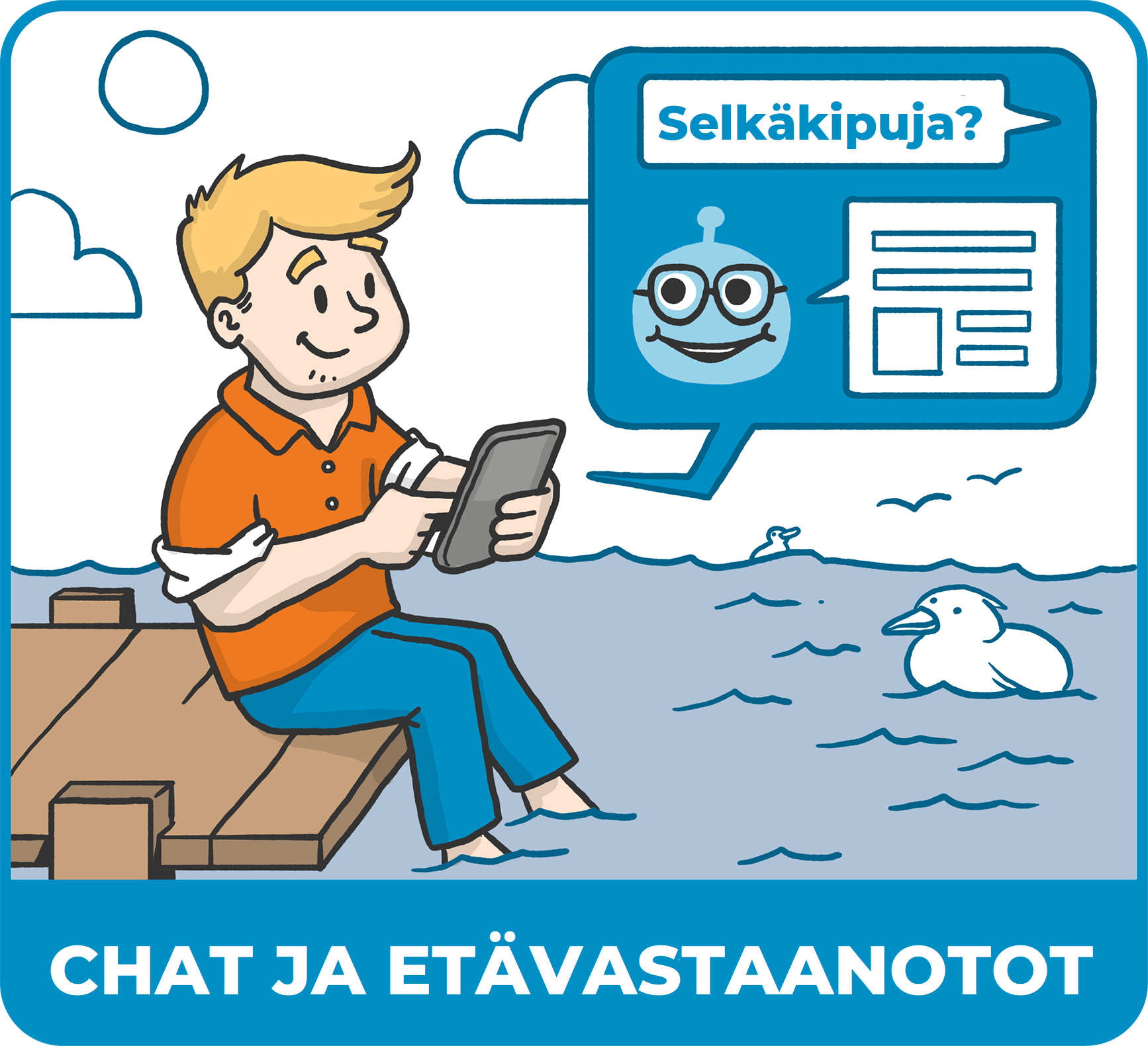 Kuvassa poika istuu laiturilla ja juttelee chatbot-Konstin kanssa selkäkivustaan.