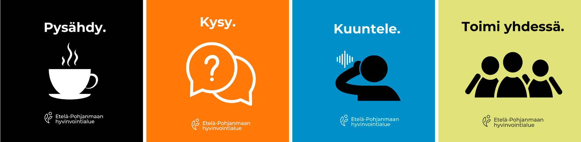 Untitled-1 Kahvikuppi, jonka yllä lukee pysähdy. Kolme ihmistä, joiden yllä lukee toimi yhdessä. Kuunteleva ihminen, jonka yläpuolella lukee kuuntele ja kaksi puhekuplaa, joista toisessa on kysymysmerkki ja yllä teksti kysy.,
