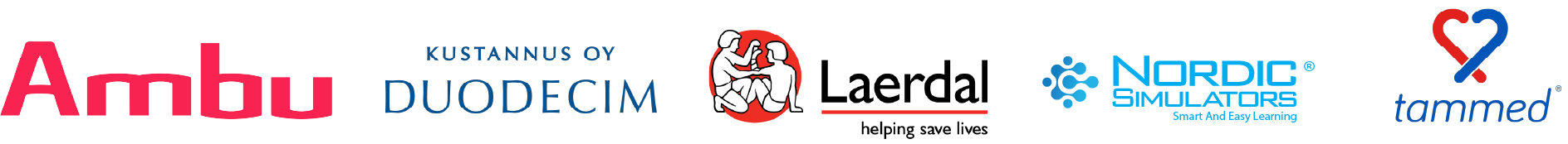 logot Ambu, Kustannus Oy Duodecim, Laerdal - helping save lives, Nordic Simulators - Smart and easy learning, Tammed.