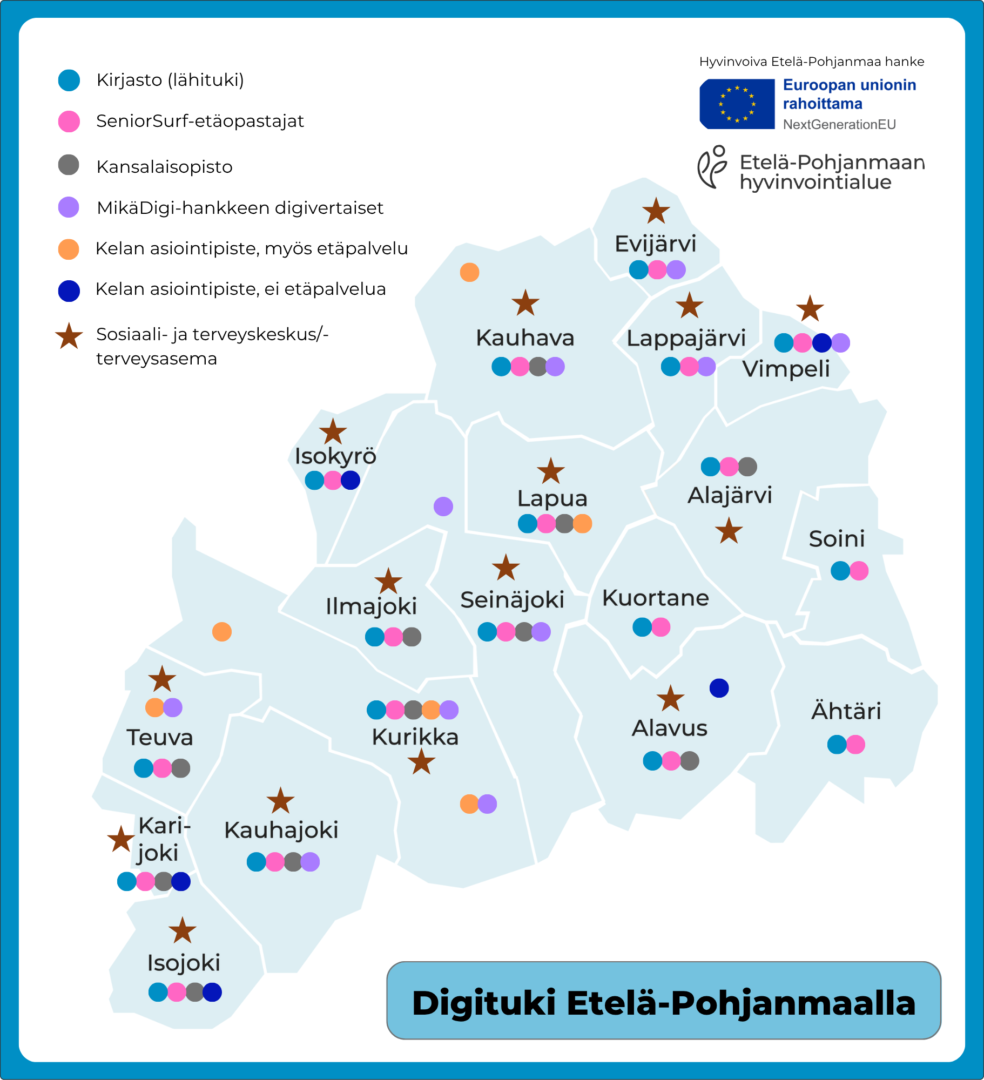 Digituki Etelä-Pohjanmaalla 10042025 (4) Kuvassa on Etelä-Pohjanmaan kartta ja siihen on merkitty eri värisin palloin paikkakunnittain digituen tarjoajat, kansalaisopistot sekä sosiaali- ja terveyskeskukset..