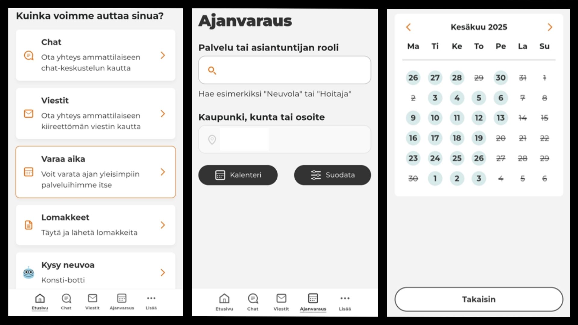 OmaEP ajanvaraus Kuvassa on kolme kuvaa ajanvarauksen vaiheista OmaEP digipalvelussa
