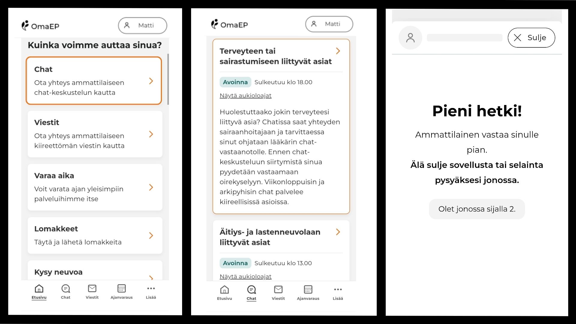 OmaEP chat Kolme kuvaa OmaEP chat-palvelusta