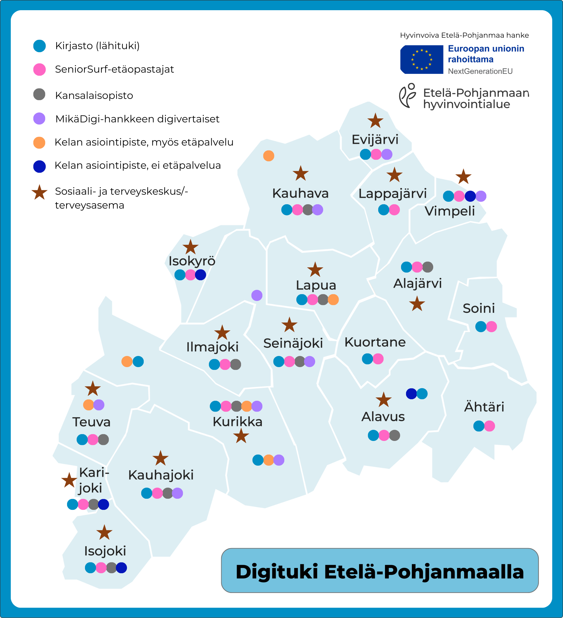 Kartta, johon on merkitty eri värisillä palloilla alueella toimivat digitukijat sekä tähdillä sosiaali- ja terveyskeskukset.