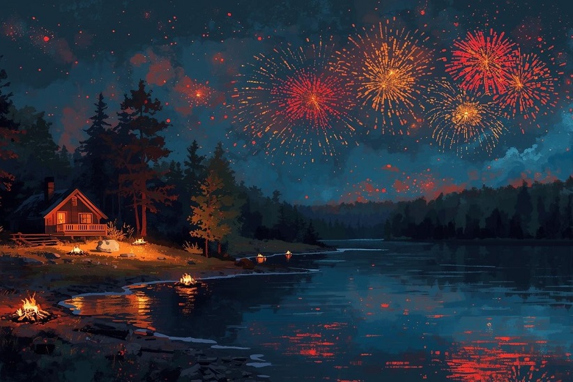 Ilotulitus yötaivaalla, etualalla mökki järven rannalla.