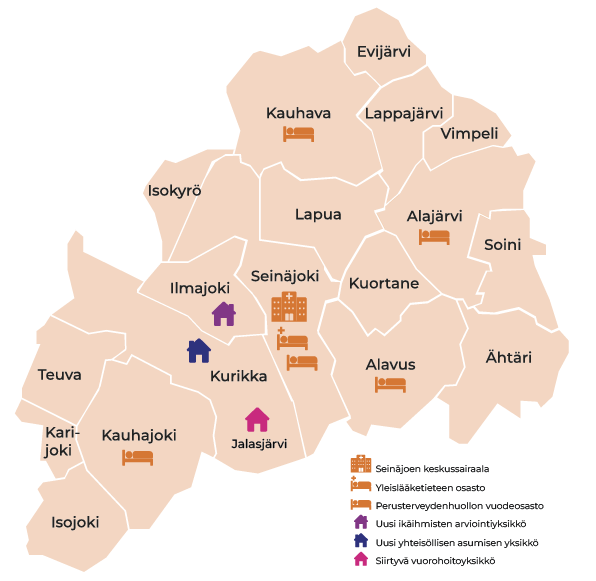 Etelä-Pohjanmaan kartta. Seinäjoella Seinäjoen keskussairaala, yleislääketieteen osasto ja perusterveydenhuollon vuodeosasto. Ilmajoella on uusi ikäihmisten arviointiyksikkö. Kurikassa on uusi yhteisöllisen asumisen yksikkö ja Jalasjärvellä siirtyvä vuorohoitoyksikkö. Kauhajoella, Kauhavalla, Alavudella ja Alajärvellä on perusterveydenhuollon vuodeosastot.