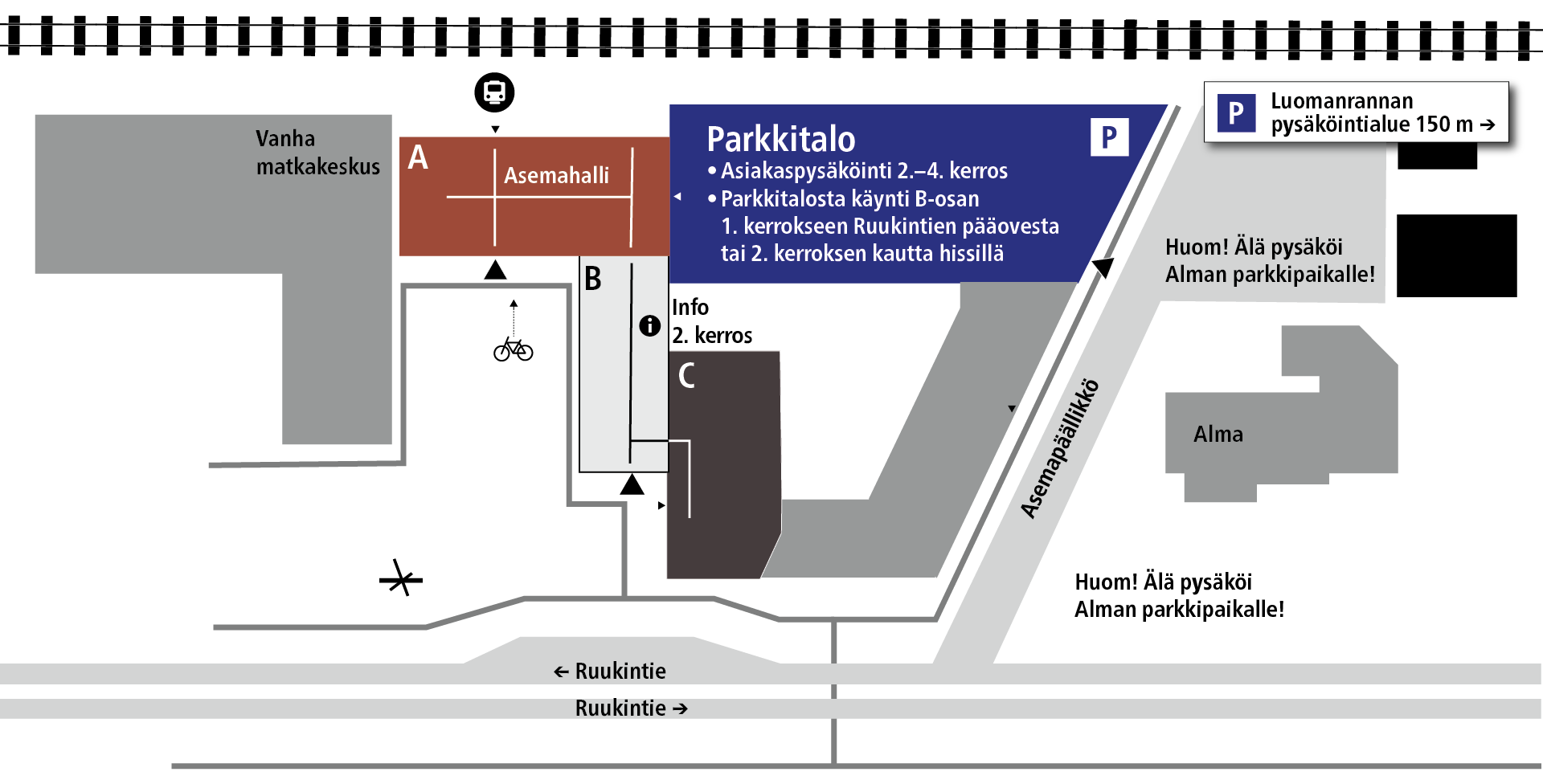 Karttakuva Seinäjoen perhekeskuksesta. Ylhäällä rata ja alhaalla Ruukintie. Rakennukset vasemmalta oikealle: Vanha matkakeskus, A Asemahalli, B Perhekeskus, C Hoitotarvikkeet 1.kerros, Info 2.kerros, Parkkitalo, asiakaspysäköinti 2.-4. kerros. Parkkitalosta käynti B-osan 1. kerrokseen Ruukintien pääovesta tai 2. kerroksen kautta hissillä. Kauppakadun ja Ruukintien risteyksessä liikennevalot, Asemapäällikkökatu, Alma-ravintola. Huom! Älä pysäköi Alman parkkipaikalle.